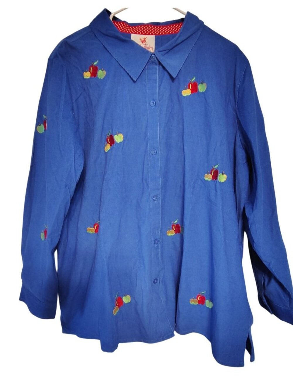 NWT Quacker Factory 2X  Button Down Blue Corduroy Embroidered Apples Teacher